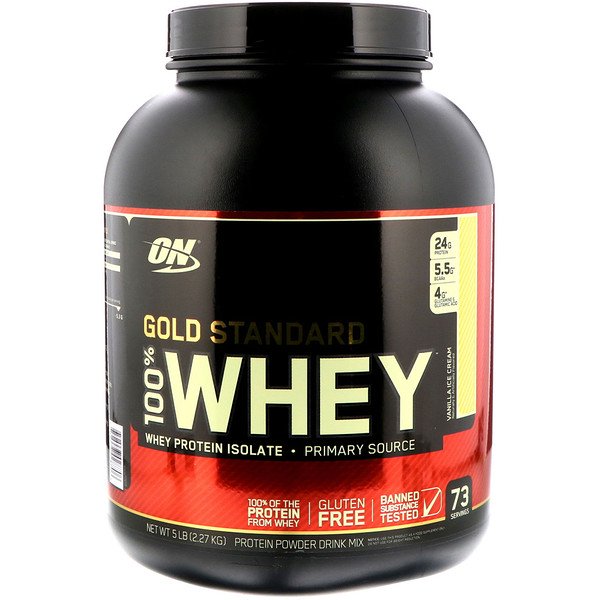 Optimum Nutrition, ゴールドスタンダード、100%ホエイ、バニラアイスクリーム、5ポンド (2.27 kg)